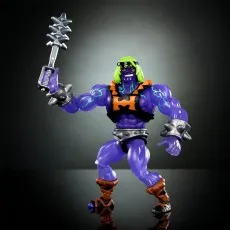 A purple-skinned action figure with a black harness, spiky wristbands, and a menacing expression, holding a mace.