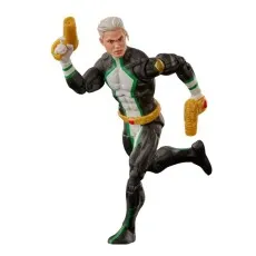 A Marvel Legends figure of Marvel Boy, with white hair, running with his two golden guns.