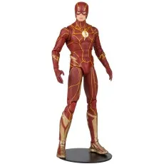 A front view of The Flash action figure, with its red and gold suit detail visible