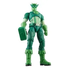 A full-body shot of the green Marvel Legends Super-Adaptoid action figure holding a large green hammer.