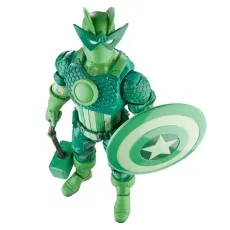 The Super-Adaptoid figure is posed dynamically, wielding a green shield and a blocky green hammer.
