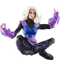 A Clea action figure with purple magic effects on its hands, in a sitting, levitating pose