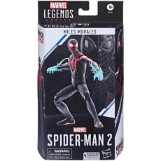 A boxed Marvel Legends Spider-Man 2 action figure of Miles Morales, showing him in his black suit with blue translucent effects.