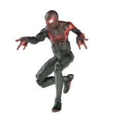 A superhero toy of Miles Morales is in an action pose, with venom blast effects on his hands.