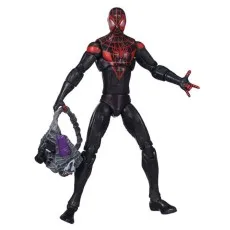 The Miles Morales action figure is displayed with all his accessories laid out, including a small orange cat.