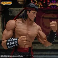 A close-up of a Liu Kang action figure in a fighting stance, with a determined expression on its face