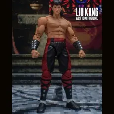 A Liu Kang action figure in a neutral pose, wearing red and black martial arts pants.