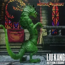 A large, green dragon action figure with a long tail and a menacing pose, on a Mortal Kombat-themed backdrop.