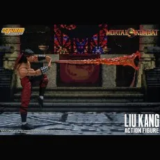 A Mortal Kombat Liu Kang figure launches a dragon-shaped fireball from his hands in a fighting pose.