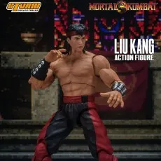 The Liu Kang action figure is posed in a fighting stance in front of a stained-glass background.