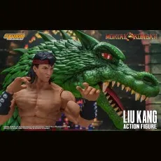 The Mortal Kombat Liu Kang action figure is posed next to a fearsome, open-mouthed green dragon head.