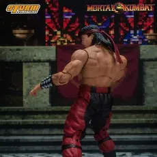 The Mortal Kombat Liu Kang figure is shown from the back, against a temple-like background with brand logos.