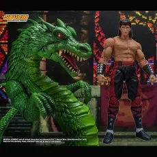 Two Storm Collectibles figures, a male martial artist and a green dragon, are displayed on a temple background.
