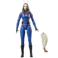 A Marvel Legends Mantis action figure standing upright, with a large, detached leg piece next to her.