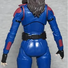 A rear view of a female action figure in a blue suit with red accents and a black belt.