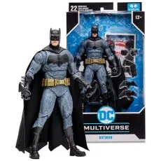 A Batman action figure from the DC Multiverse line, standing beside its box.