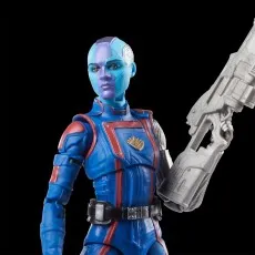 A close-up of the Marvel Legends Nebula action figure holding a large gun