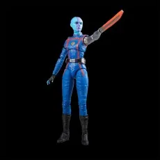 A Marvel Legends Nebula action figure holding a red and black sword with her right arm extended
