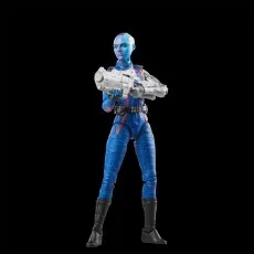 A Nebula action figure from Marvel Legends, posed holding a large white gun with both hands