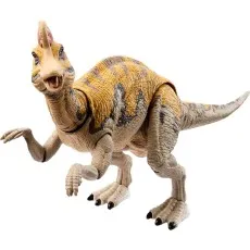 A Corythosaurus dinosaur action figure with a tan and yellow pattern, facing the camera with its mouth open.