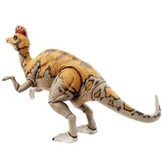 A Corythosaurus dinosaur action figure in a walking pose, with a tan, yellow, and brown pattern.