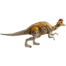 A side view of a Corythosaurus action figure with a tan and brown pattern, posed as if running.