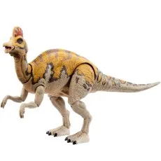 A full-body view of a Corythosaurus dinosaur toy with its mouth open, on a white background.