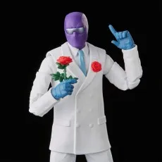 A close-up of the Marvel Legends Marvel's Rose action figure holding a rose in one hand and pointing with the other