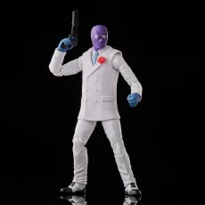 A Marvel's Rose action figure in a white suit, holding a black gun in the air