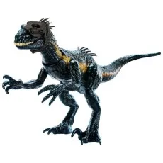 An Indoraptor dinosaur toy with a textured black body and gold stripes, posed with a large mask.