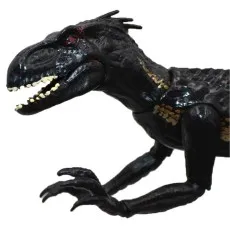 A close-up of a black Indoraptor dinosaur toy, showing its head, open mouth, and claws.