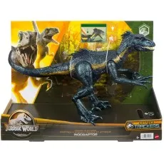 A packaged Jurassic World Indoraptor action figure from the Dino Trackers toy line.