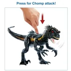 A toy Indoraptor with a red arrow pointing to its back, indicating where to press to make it bite.