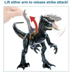 A toy Indoraptor with a red arrow showing how to lift its arm to make it strike.