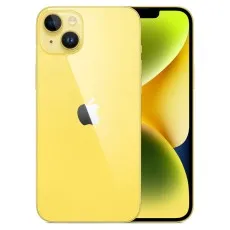 A bright yellow iPhone 14 with a dual-camera system, shown from the front with its screen on and also from the back.