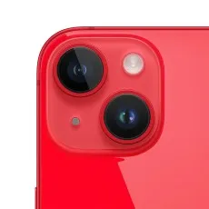 A close-up shot of the iPhone 14 Plus's two rear camera lenses, flash, and microphone in red.