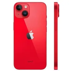 A product shot of the iPhone 14 Plus in red, showing both the back and the right side