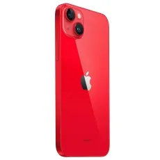 An angled product shot of the back of a red iPhone 14 Plus, showing the camera lenses