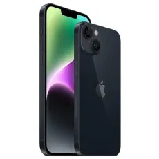 A Black iPhone 14 Plus stands behind a smaller black iPhone 14, shown at an angle..