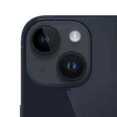A magnified shot of the dual-camera system on the back of a midnight black iPhone.