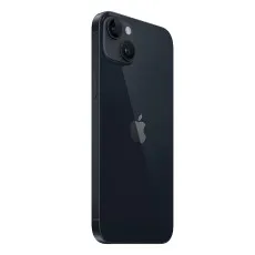 An angled product shot of the back of a midnight black iPhone 14 Plus, showing the dual cameras..
