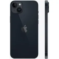 A product shot of the iPhone 14 Plus in midnight black, showing both the back and the right side.