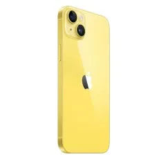An angled product shot of the back of a vibrant yellow iPhone 14 Plus, showing the camera lenses