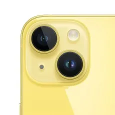 A close-up shot of the iPhone 14 Plus's two rear camera lenses, flash, and microphone in yellow.