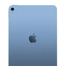 A back view of a blue iPad with the Apple logo in the center