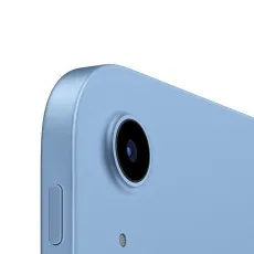 A close-up of the back camera on the corner of a blue iPad