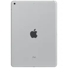The back of a silver iPad 9th gen 256gb featuring the prominent Apple logo in the center and the rear camera in the corner.
