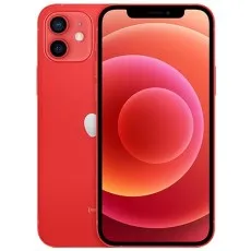 A red iPhone 12 mini is shown with its front screen and its back, featuring the dual camera.