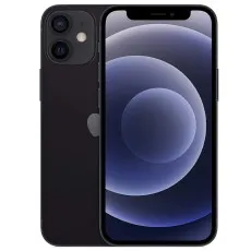 A black iPhone 12 mini is shown with its front screen and its back, featuring the dual camera.