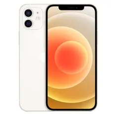 A white iPhone 12 mini is shown with its front screen and its back, featuring the dual camera.